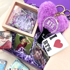 BTS Fan Gift Box – 9 Fridge Magnets + BTS Bracelet + Army Bomb Keychain | K-Pop Merch Gift Set