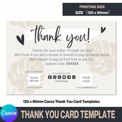 Plantilla de tarjeta de agradecimiento de 3,2 x 4,7 pulgadas. Personalízala con la información de tu marca. Tarjeta para pequeñas empresas.